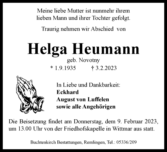Traueranzeige von Helga Heumann von Wolfenbütteler Zeitung
