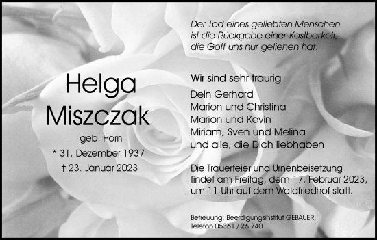 Traueranzeige von Helga Miszczak von Wolfsburger Nachrichten