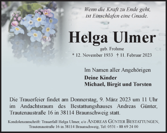 Traueranzeige von Helga Ulmer von Braunschweiger Zeitung