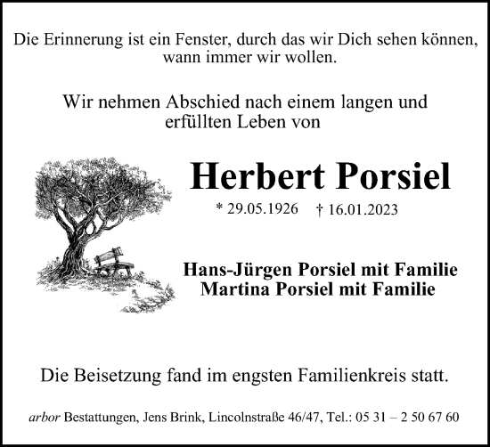 Traueranzeige von Herbert Porsiel von Wolfenbütteler Zeitung
