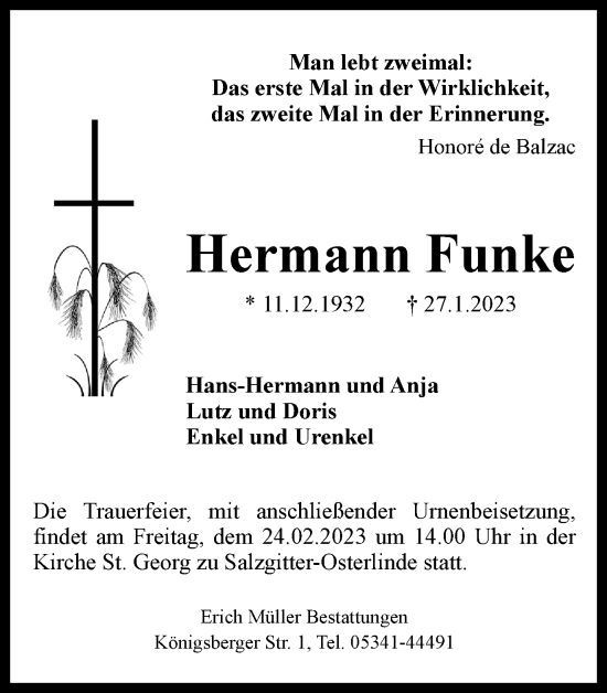 Traueranzeige von Hermann Funke von Salzgitter-Zeitung