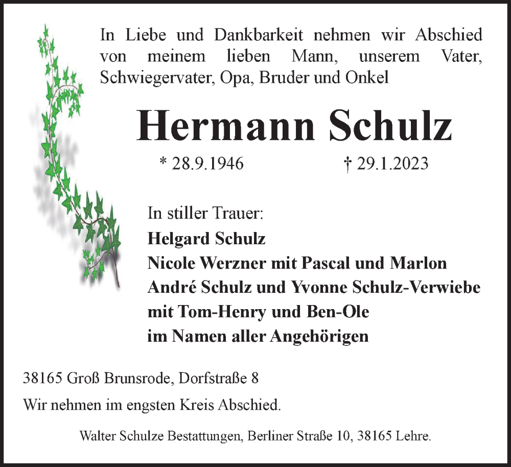  Traueranzeige für Hermann Schulz vom 01.02.2023 aus Helmstedter Nachrichten