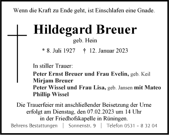 Traueranzeige von Hildegard Breuer von Braunschweiger Zeitung
