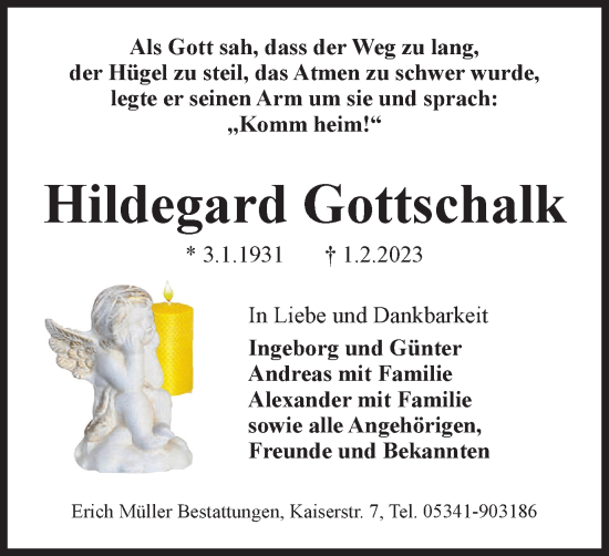 Traueranzeige von Hildegard Gottschalk von Salzgitter-Zeitung