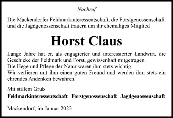 Traueranzeige von Horst Claus von Helmstedter Nachrichten