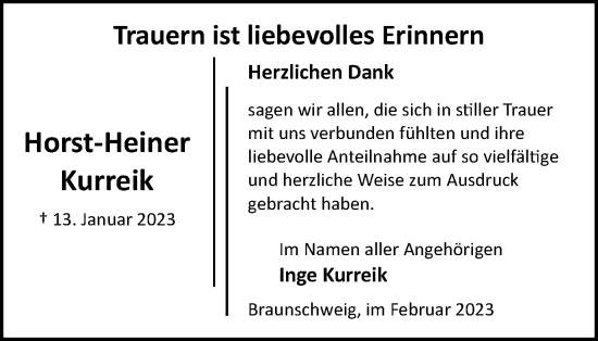 Traueranzeige von Horst-Heiner Kurreik von Braunschweiger Zeitung
