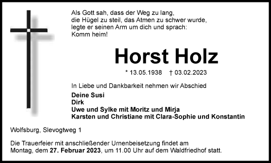 Traueranzeige von Horst Holz von Wolfsburger Nachrichten