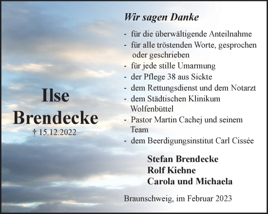 Traueranzeige von Ilse Brendecke von Wolfenbütteler Zeitung