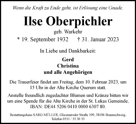 Traueranzeige von Ilse Oberpichler von Braunschweiger Zeitung