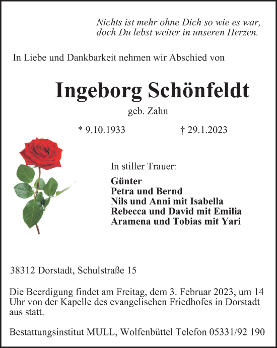 Traueranzeige von Ingeborg Schönfeldt von Wolfenbütteler Zeitung