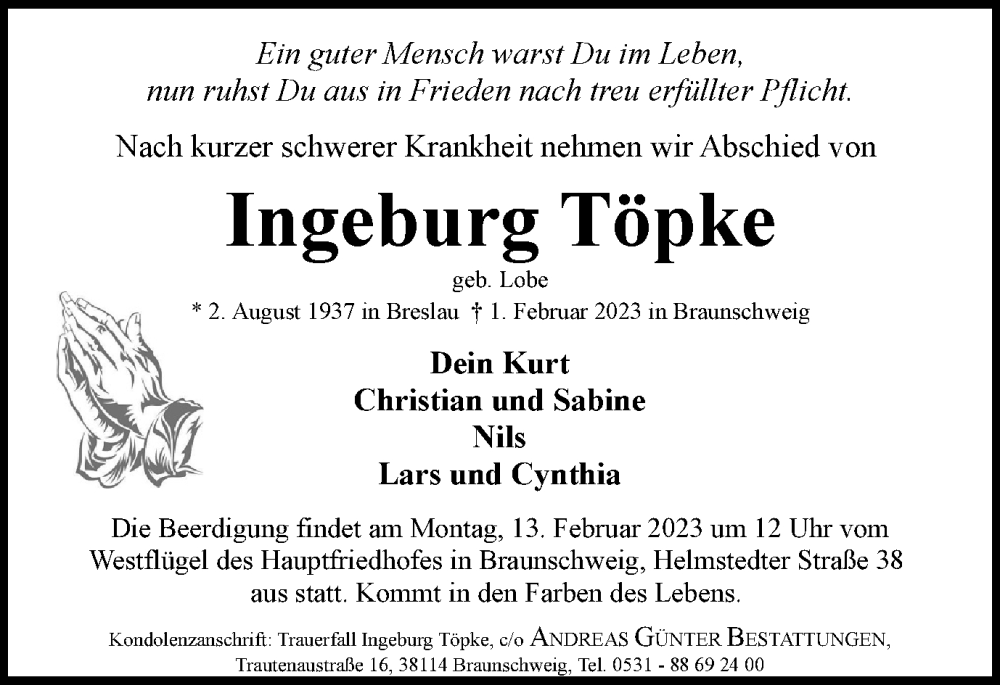  Traueranzeige für Ingeburg Töpke vom 07.02.2023 aus Braunschweiger Zeitung