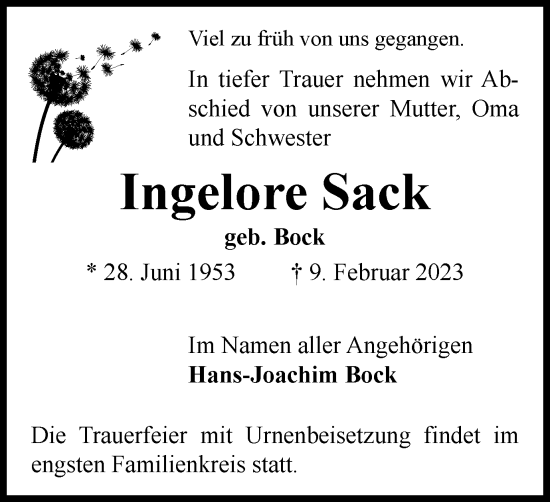 Traueranzeige von Ingelore Sack von Helmstedter Nachrichten