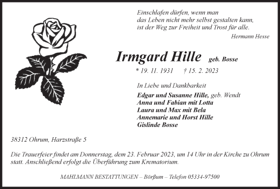 Traueranzeige von Irmgard Hille von Wolfenbütteler Zeitung