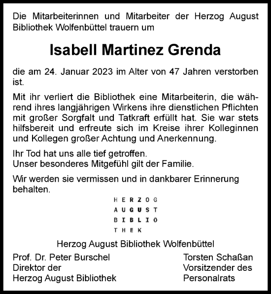 Traueranzeige von Isabell Martinez Grenda von Wolfenbütteler Zeitung