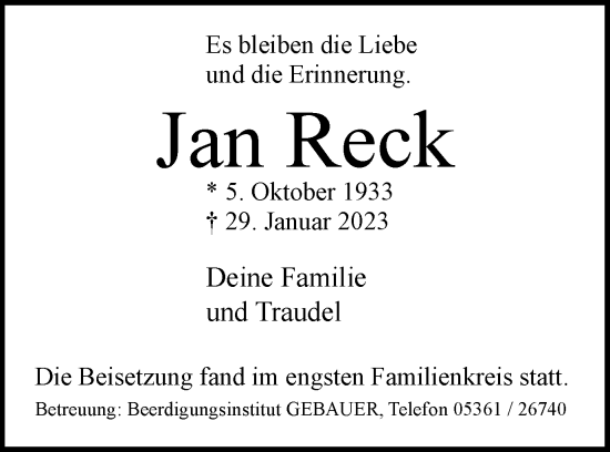 Traueranzeige von Jan Reck von Wolfsburger Nachrichten