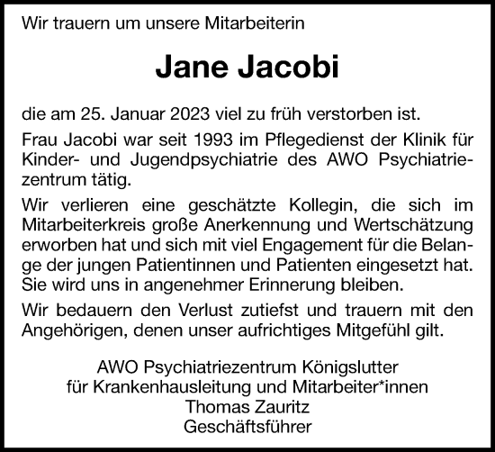 Traueranzeige von Jane Jacobi von Helmstedter Nachrichten