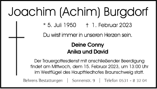 Traueranzeige von Joachim Burgdorf von Braunschweiger Zeitung