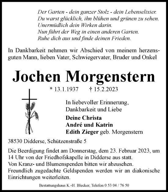 Traueranzeige von Jochen Morgenstern von Wolfsburger Nachrichten