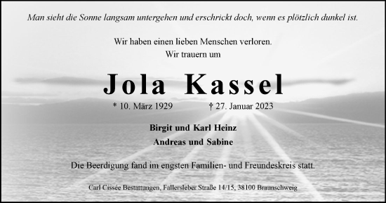 Traueranzeige von Jola Kassel von Braunschweiger Zeitung