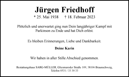Traueranzeige von Jürgen Friedhoff von Braunschweiger Zeitung