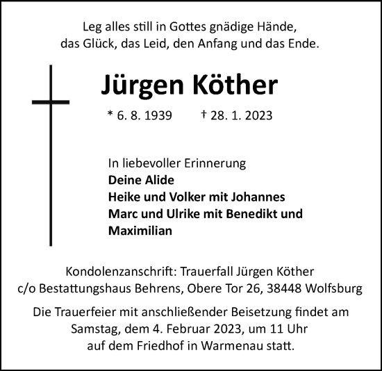 Traueranzeige von Jürgen Köther von Wolfsburger Nachrichten
