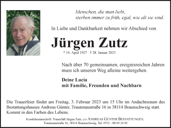 Traueranzeige von Jürgen Zutz von Braunschweiger Zeitung