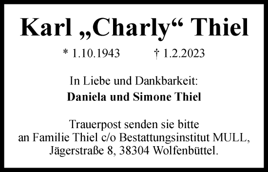 Traueranzeige von Karl Thiel von Neue Braunschweiger am Samstag