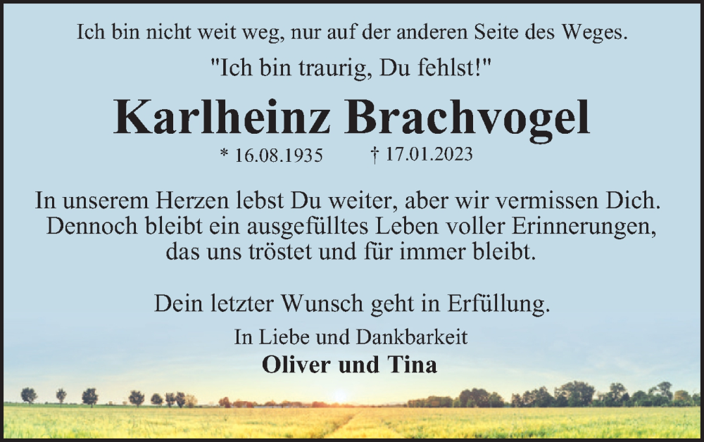  Traueranzeige für Karlheinz Brachvogel vom 04.02.2023 aus Braunschweiger Zeitung