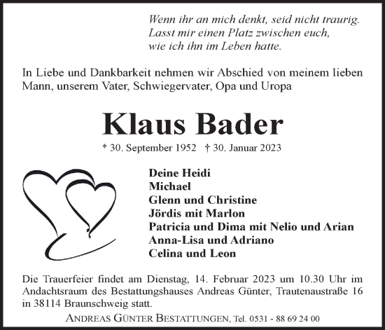 Traueranzeige von Klaus Bader von Neue Braunschweiger am Samstag