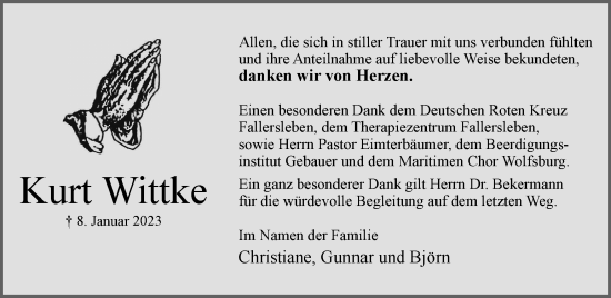 Traueranzeige von Kurt Wittke von Wolfsburger Nachrichten