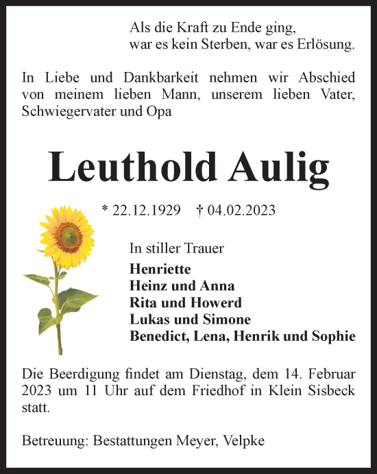 Traueranzeige von Leuthold Aulig von Wolfsburger Nachrichten
