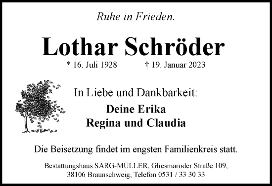 Traueranzeige von Lothar Schröder von Braunschweiger Zeitung