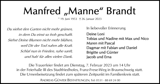 Traueranzeige von Manfred Brandt von Braunschweiger Zeitung