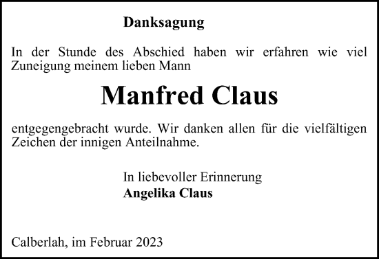Traueranzeige von Manfred Claus von Helmstedter Nachrichten