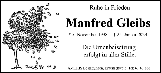 Traueranzeige von Manfred Gleibs von Braunschweiger Zeitung