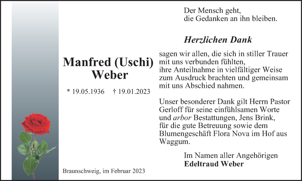  Traueranzeige für Manfred Weber vom 25.02.2023 aus Braunschweiger Zeitung