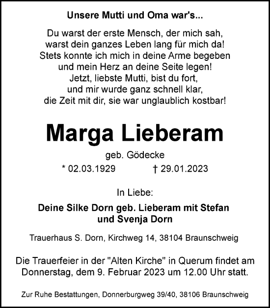 Traueranzeige von Marga Lieberam von Braunschweiger Zeitung