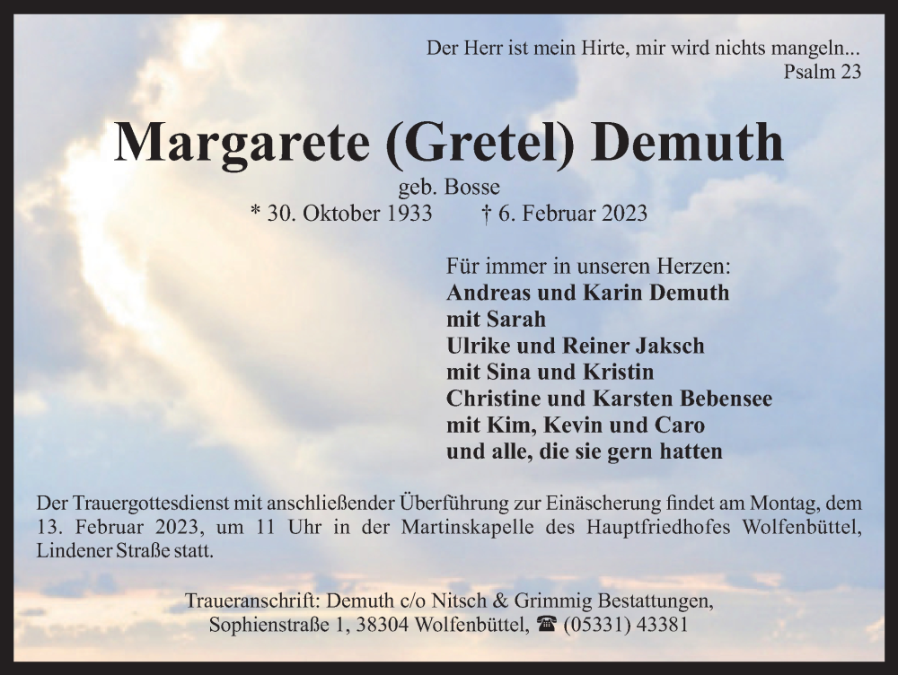  Traueranzeige für Margarete Demuth vom 09.02.2023 aus Wolfenbütteler Zeitung
