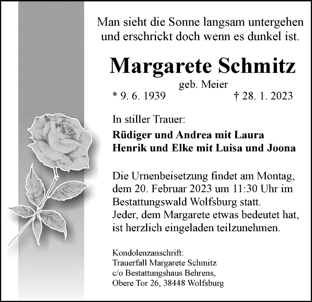  Traueranzeige für Margarete Schmitz vom 11.02.2023 aus Wolfsburger Nachrichten