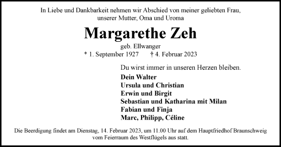 Traueranzeige von Margarethe Zeh von Braunschweiger Zeitung