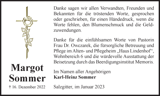 Traueranzeige von Margot Sommer von Salzgitter-Zeitung
