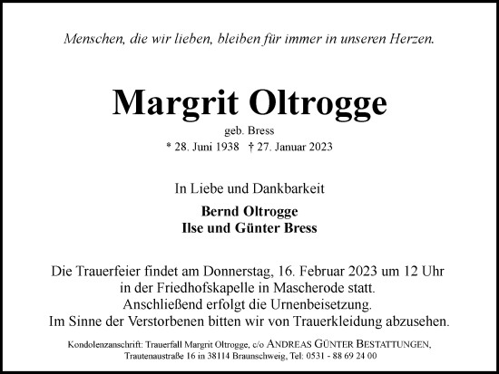 Traueranzeige von Margrit Oltrogge von Braunschweiger Zeitung