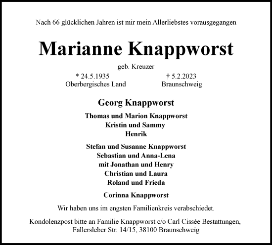 Traueranzeige von Marianne Knappworst von Braunschweiger Zeitung