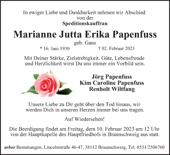 Traueranzeige von Marianne Jutta Erika Papenfuss von Braunschweiger Zeitung
