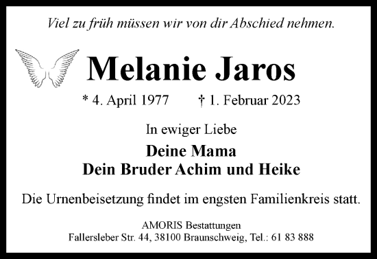 Traueranzeige von Melanie Jaros von Braunschweiger Zeitung