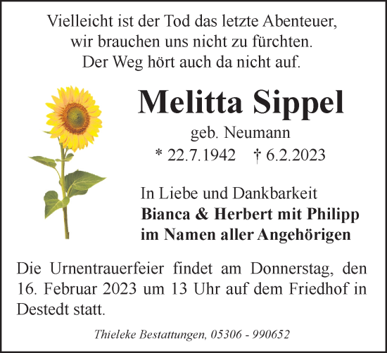 Traueranzeige von Melitta Sippel von Wolfenbütteler Zeitung