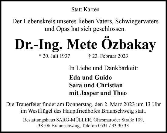 Traueranzeige von Mete Özbakay von Braunschweiger Zeitung