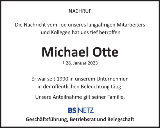 Traueranzeige von Michael Otte von Braunschweiger Zeitung