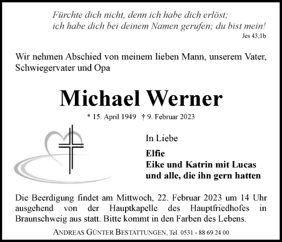 Traueranzeige von Michael Werner von Neue Braunschweiger am Samstag