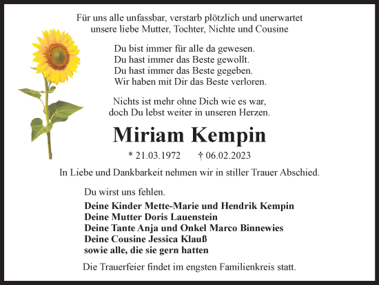 Traueranzeige von Miriam Kempin von Wolfsburger Nachrichten